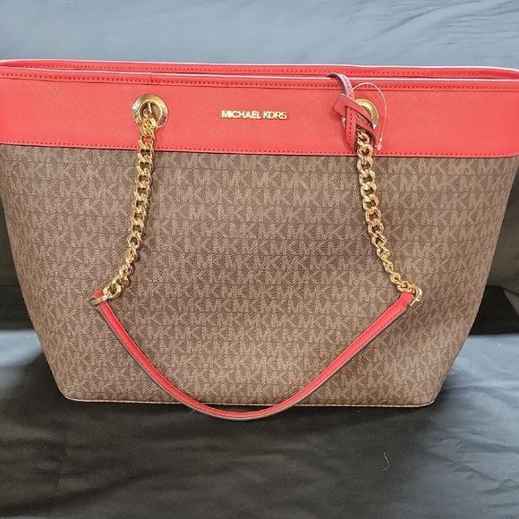 Michael Kors Red and Brown Tote Bag with Signature Monogram